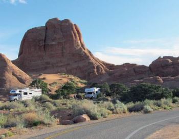 The main road that travels through Arches National Park in Utah ends at Devils Garden Campground, which offers primitive camping.