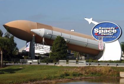 Near the entrance to Kennedy Space Center are two rocket-shaped space shuttle fuel tanks.
