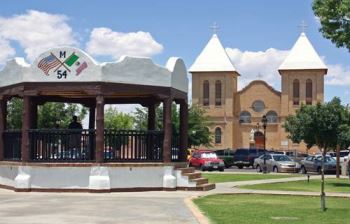 The Basillica of San Albino overlooks the Mesilla Plaza gazebo. The Plaza itself is a National Historic Landmark.