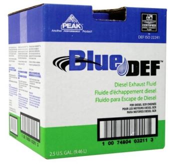 Diesel exhaust fluid is available at truck stops and service centers in 2.5-gallon (shown here) and 1-gallon containers.
