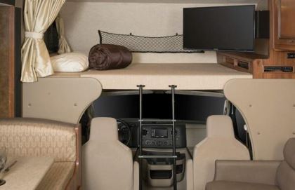 Several cab-over configurations are available in the Ranger 31M, including a bed and an LED television that swings into position for viewing.