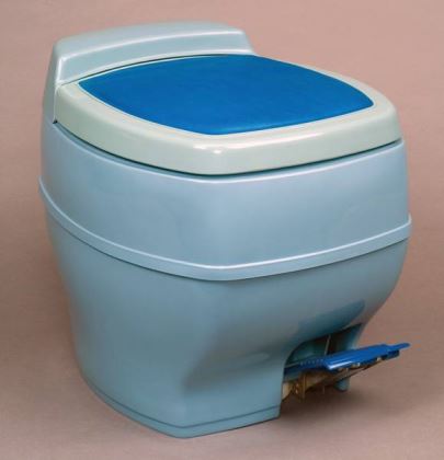 Thetford produced RV toilets in an array of colors in the 1970s, such as this blue Aqua-Magic Galaxy.