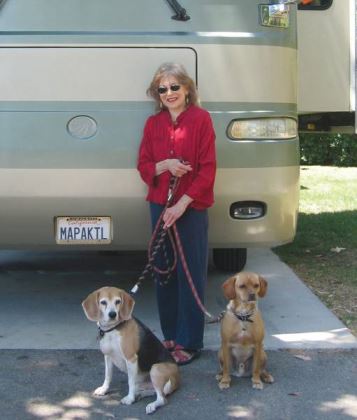 Carole with her RVing ''pups'' -- Sunspot, left, and Sparkplug.