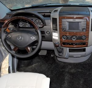 A leather-wrapped steering wheel is an option on all Regency motorhomes.