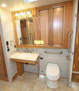The 4311’s spacious bath area includes an easy-to-reach vanity and a wheelchair-accessible porcelain-bowl toilet 