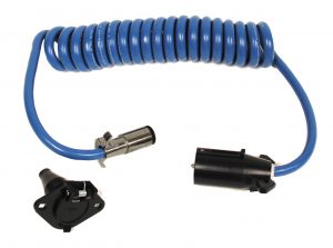 The Blue Ox 7-4 Coiled Electrical Cable has a seven-way round connector on one end, a four-way connector on the other. 