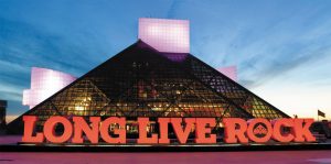 The Rock & Roll Hall of Fame in Cleveland, Ohio, at twilight, by Joanne Moen.