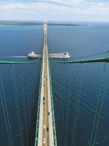 A view of Michigan’s Mackinac Bridge from atop the south tower (Jack Ford). 