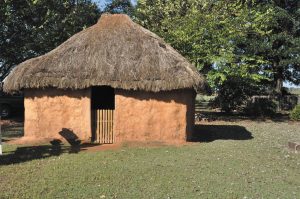 Visitors can examine this reconstructed mud hut, an example of what a house at Etowah may have looked like.