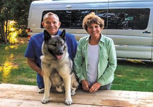 Mike and Jennifer Wendland travel with Bo, their Norwegian elkhound, in a Type B Roadtrek motorhome.