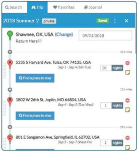 RVParky.com, an RV park directory and trip planning program, generates trip plans that denote mileage and arrival dates, and allows users to indicate the number of nights per stay.