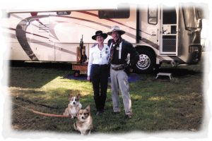 RV parking is available at many Cowboy Action Shooting events, which enables Deborah and Bruce Murphy to bring along their corgis.