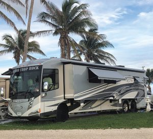 As longtime fans of the music genre known as trop rock, Eric and Gina Babin bought an online radio station in 2017 and now travel to numerous trop rock events each year in their Itasca Ellipse motorhome, which is equipped with a radio studio.