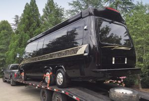 The vintage GMC motorhome made its way to its new home at the RV/MH Museum in Indiana on a flatbed truck.