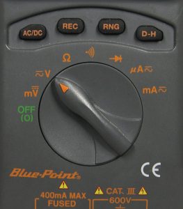 A multimeter can perform various measurement functions, and each is chosen by turning the device’s selection dial.