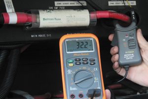 A multimeter can be used to check current draw, as well as alternator or battery charger output.