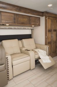 Ultraleather fabric covers seating throughout the motorhome. 