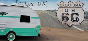 Larry Williams parked his Retro travel trailer next to the realistic “Crossroads of America” mural in Reno, Oklahoma. 