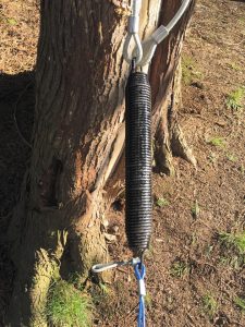 Replacing RV hydraulic jack springs via the author's method involves using cables to attach one end of the spring to a tree or post and the other end to a vehicle and stretching it slightly.