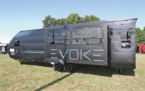 Matte black is one of several exterior choices for the Travel Lite Evoke travel trailer.