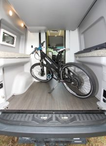 Nonskid vinyl flooring throughout the motorhome facilitates storing toys and other outdoor gear. 