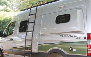 The ladder on the Winnebago Revel affords access to the roof cargo rack and can be relocated where needed. 