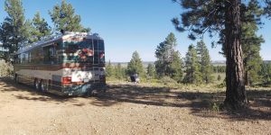 John Viebrock and Kerry "Button" Davies boondocked in their 1997 Blue Bird motorhome during a stay in southern Utah's Dixie National Forest.