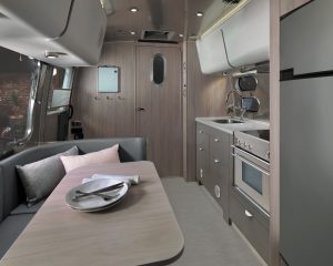 The dinette converts to sleeping space in Airstream’s Globetrotter 23FB and 23FB Twin travel trailers.