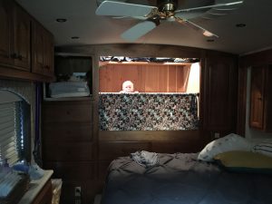 Jennifer and Jesse turned the bedroom closet in their motorhome into Tucker’s sleeping quarters.