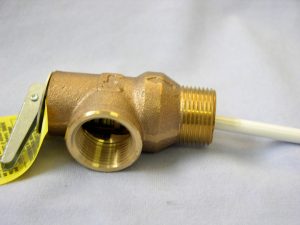 A water heater temperature and pressure relief safety valve.