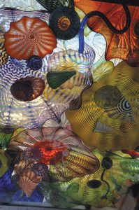 The ceiling of the Seaform Pavilion, located on the Chihuly Bridge of Glass, contains more than 2,000 glass objects.