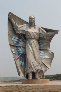Stephanie Crowley and Jeanne Houck discovered “Dignity Of Earth And Sky,” a sculpture that honors the women of the Lakota and Dakota nations, at the I-90 Lewis & Clark Interpretive and Keelboat Center near Chamberlain, South Dakota.