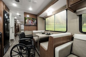 In the gas-powered Intent 30 AE, the dinette table is placed at a convenient height for those seated in a wheelchair. 