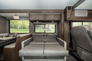 A view of the TrueComfort + Sofa in the gas-powered Intent 30 AE, which easily converts to a bed.