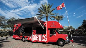 Lazydays RV outfitted this 30-foot Thor Outlaw motorhome, now called the Street Team RV, which makes appearances at Tampa Bay Buccaneers football games and other events.
