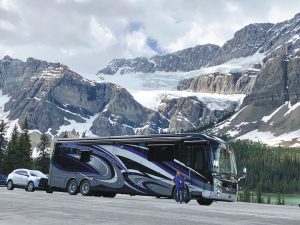 Mike and Suzanne Greenfield, tail gunners for Fantasy RV Tours’ 2019 48-Day “Heart Of Alaska” tour, enjoyed this stunning stop along the Icefields Parkway in Banff National Park, Alberta.
