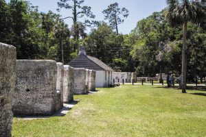 The ruins of slave cabins line a part of the property. One of them has been restored to serve as an example of what they once may have looked like.