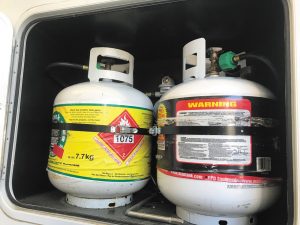 Propane cylinders, such as those used in travel trailers, are portable containers.