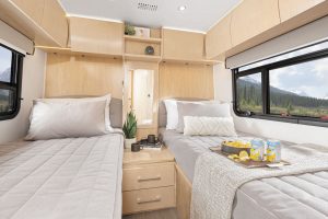 The 2020 Unity Twin Bed motorhome from Leisure Travel Vans has twin beds that can convert into a king-size bed. 