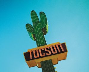 The Gateway Saguaro is an illuminated art installation that marks the state’s first divided highway. 