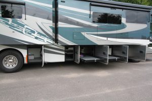 The Allegro Bus has 237 cubic feet of basement storage. Side-hinged doors facilitate access to these bays, and their keyless entry locks can be controlled with remote fobs or a keypad.