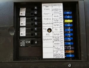 This converter was built into a distribution panel with 120-volt-AC circuit breakers on one side and 12-volt-DC fuses on the other.