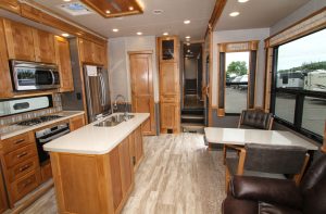 The Vilano’s luxurious styling includes the extensive use of hardwood, as shown in the review unit with its Amber Glaze woodwork, as well as an 18-cubic-foot residential French-door refrigerator and a galley island with a double-basin sink.