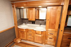 The 369FB’s full bath, located in the very front, features a solid-surface vanity top with two sinks.