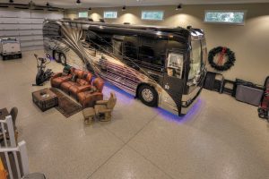 Les and Glen’s 3,500-square-foot RV garage in their home at The Gardens RV Village provides ample space for their motorhome, and more.