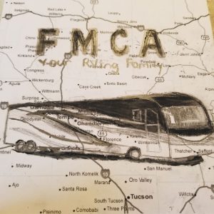Maddy Miskell’s charcoal drawing of her family’s motorhome includes a salute to FMCA.