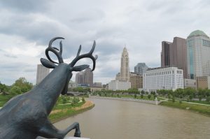 A deer sculpture at the Rich Street Bridge.
