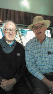 In 2019, Kirwan Elmers (left) and Mike Middaugh went for a November ride in Mike’s 1957 Flxible Starliner, the type of bus used for conversions when Custom Coach opened in 1955.