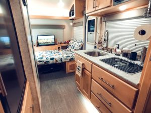Hardwood maple cabinetry is used throughout the Little Guy Max, including the galley.