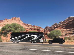 Scott Nicoletti photographed his Tiffin Allegro Bus and Jeep Wrangler in the rocky confines of Capitol Reef National Park, Utah, in September 2019. 